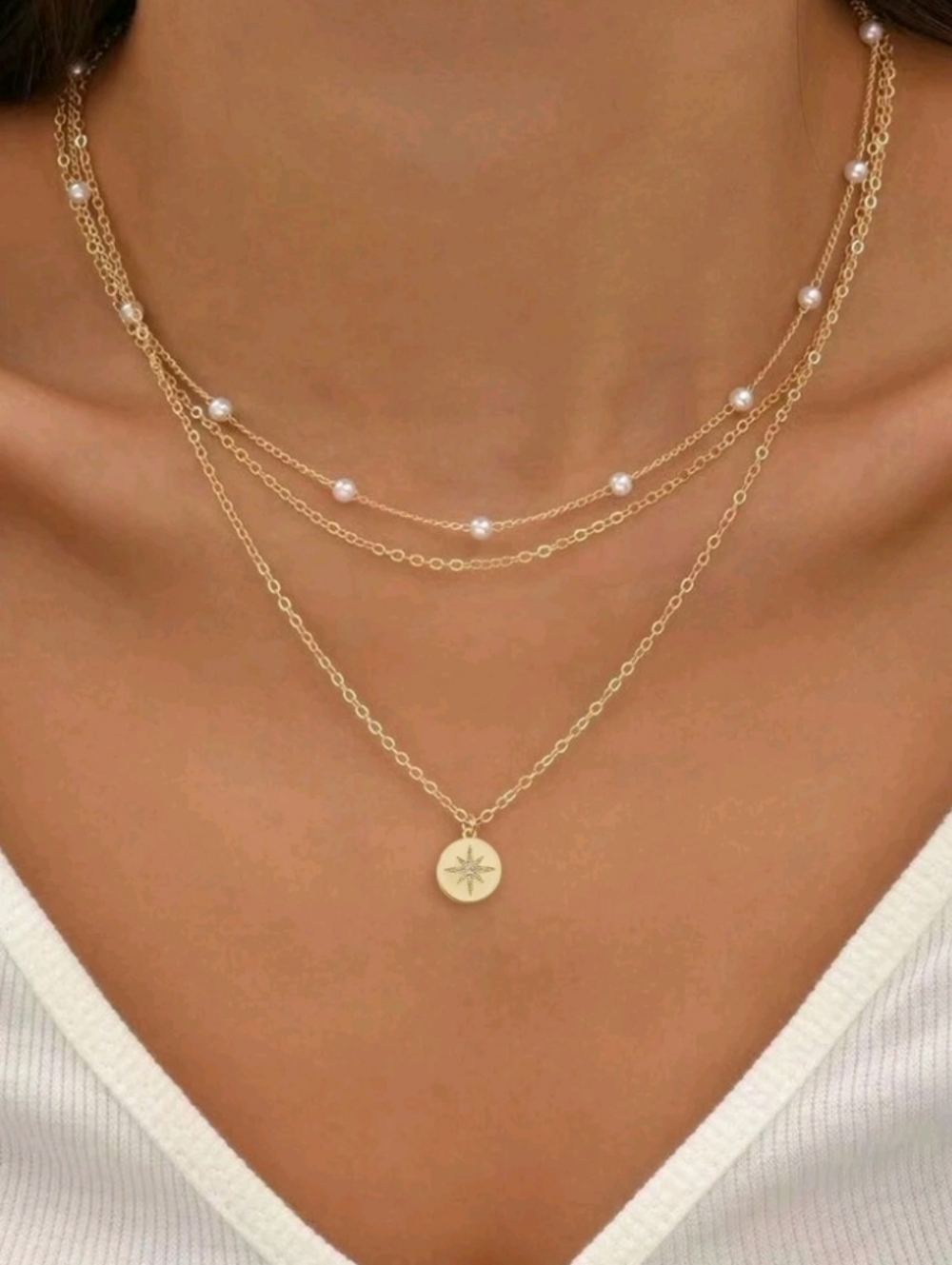 NEW! Minimalist Trendy Layered Pearl & Compass Disc Pendant Gold Necklace